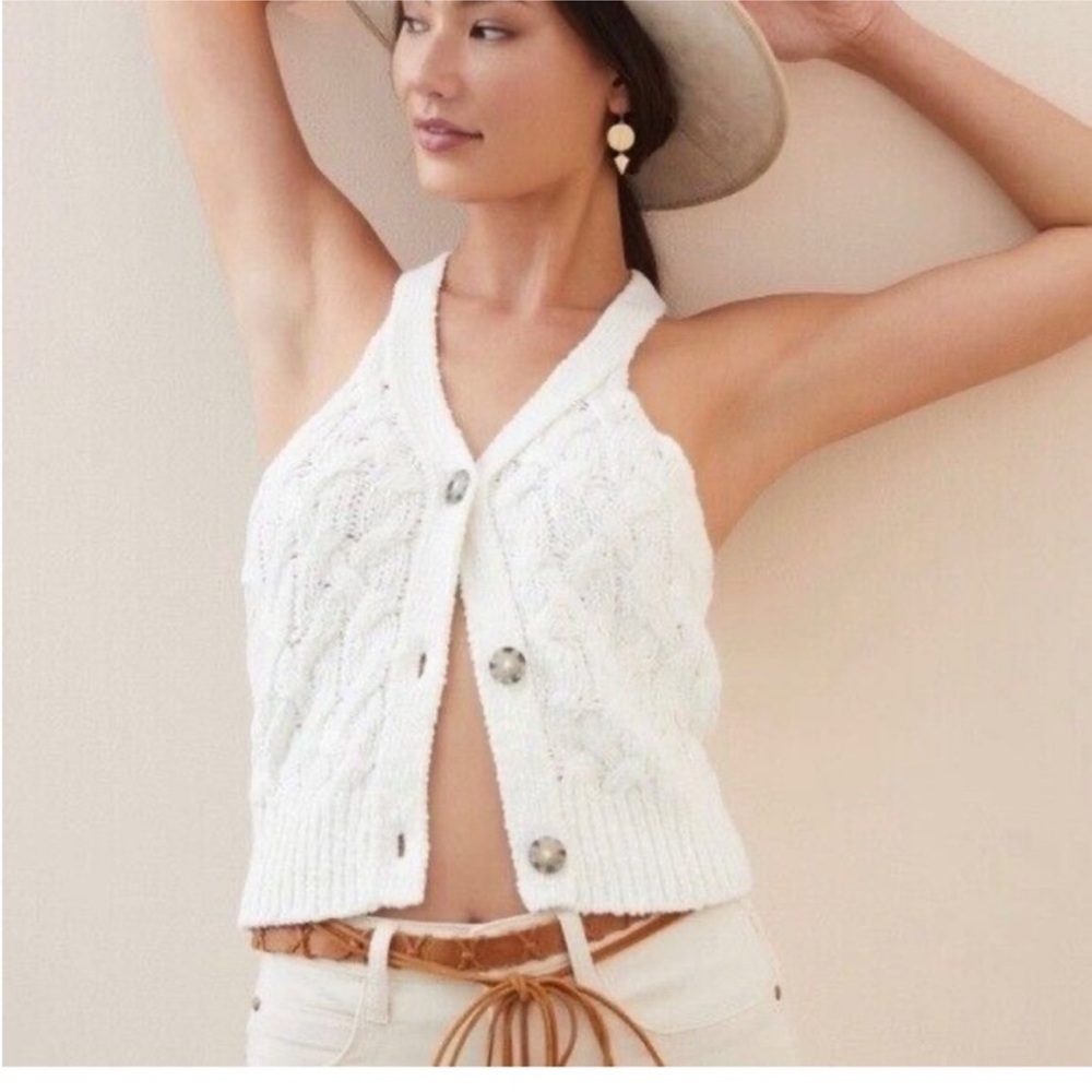 Pilcro Anthropologie white cableknit sweater vest cardigan size XL